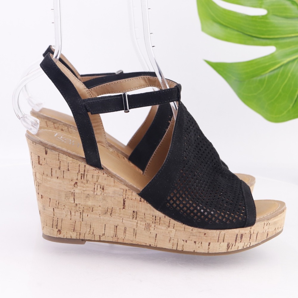Franco Sarto Womens Canyon Sandals Size 10 Black Cork Wedge Heel‎ Platform Shoes